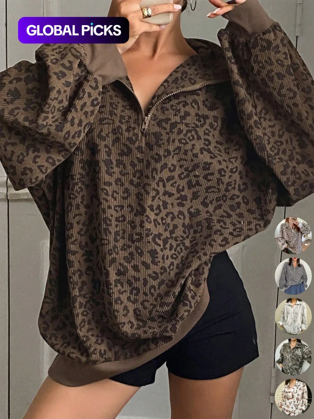 Leopard Print Corduroy Zip Hoodie
