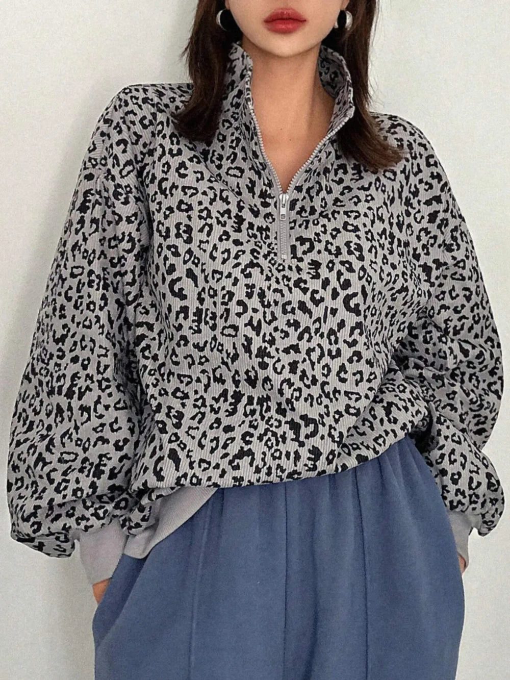 Leopard Print Corduroy Zip Hoodie