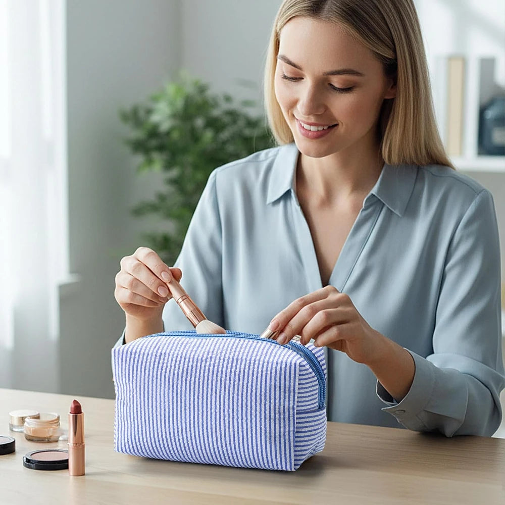 Seersucker Striped Cosmetic Pouch