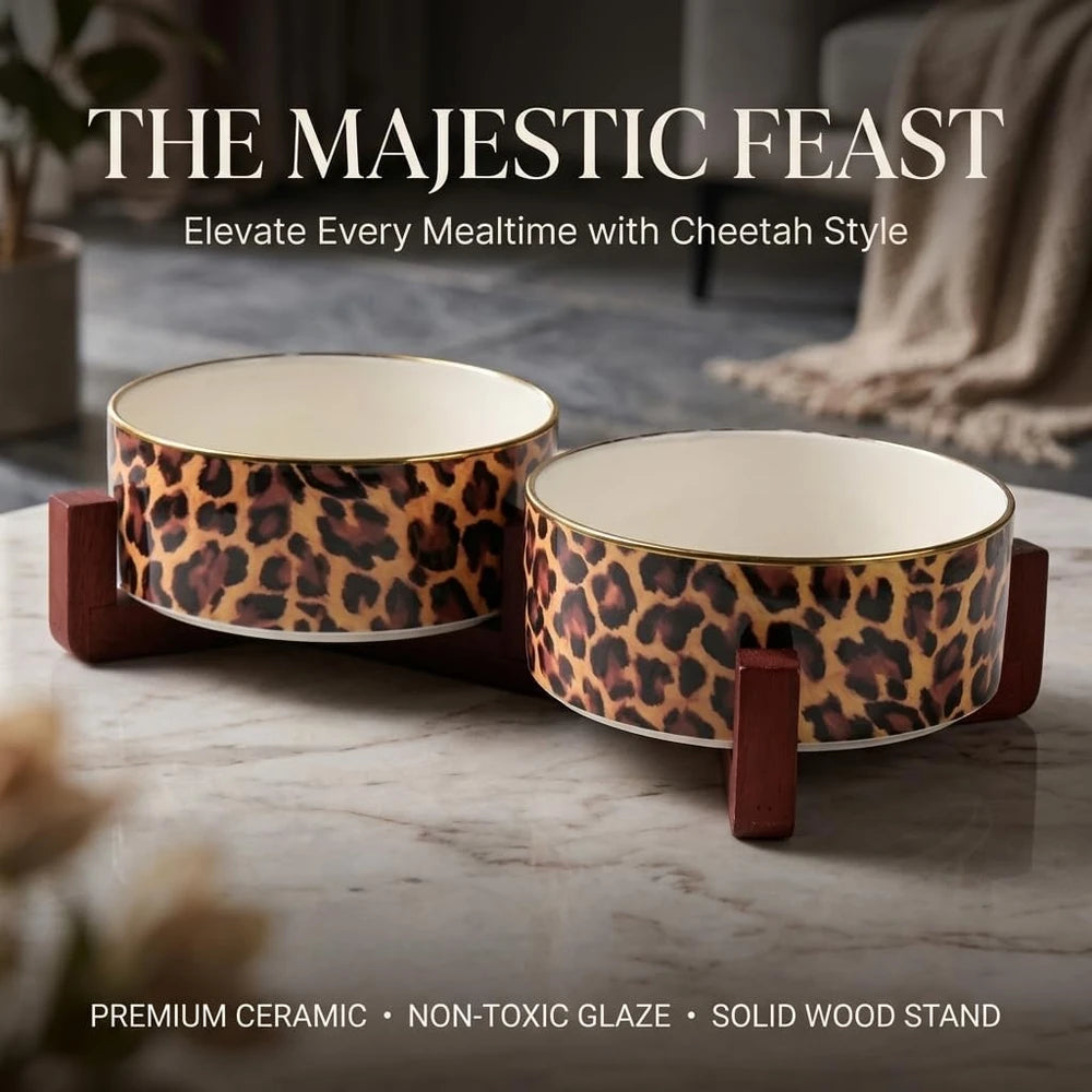 Leopard Print Elevated Pet Bowl Set