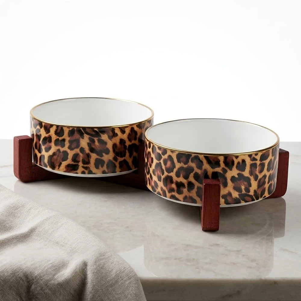 Leopard Print Elevated Pet Bowl Set